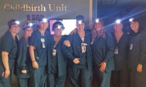Despite being without power, hospital units continued to function as usual. The Childbirth Unit went to great lengths to illuminate the work space.