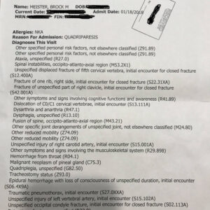 Brock Meister's discharge papers showing extend of injuries.